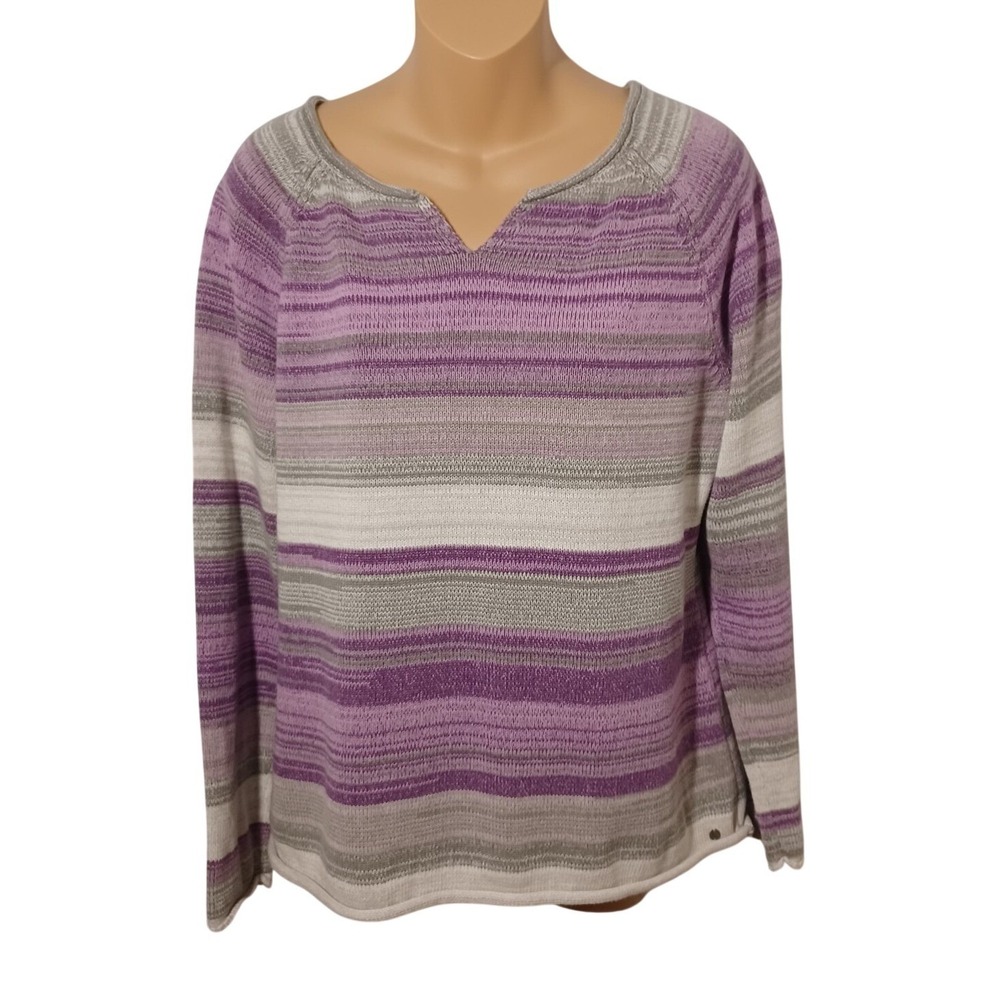 Eddie Bauer Womens Purple Grey Striped Cotton V-Neck Sweater Size M D3560296